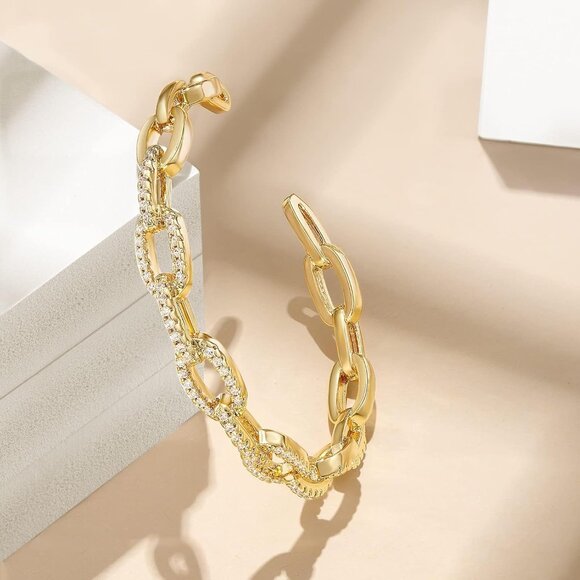 Gold Cuff Bangle Bracelets for Women, 14K Gold Plated Adjustable Open Cuff Brace - Picture 5 of 7